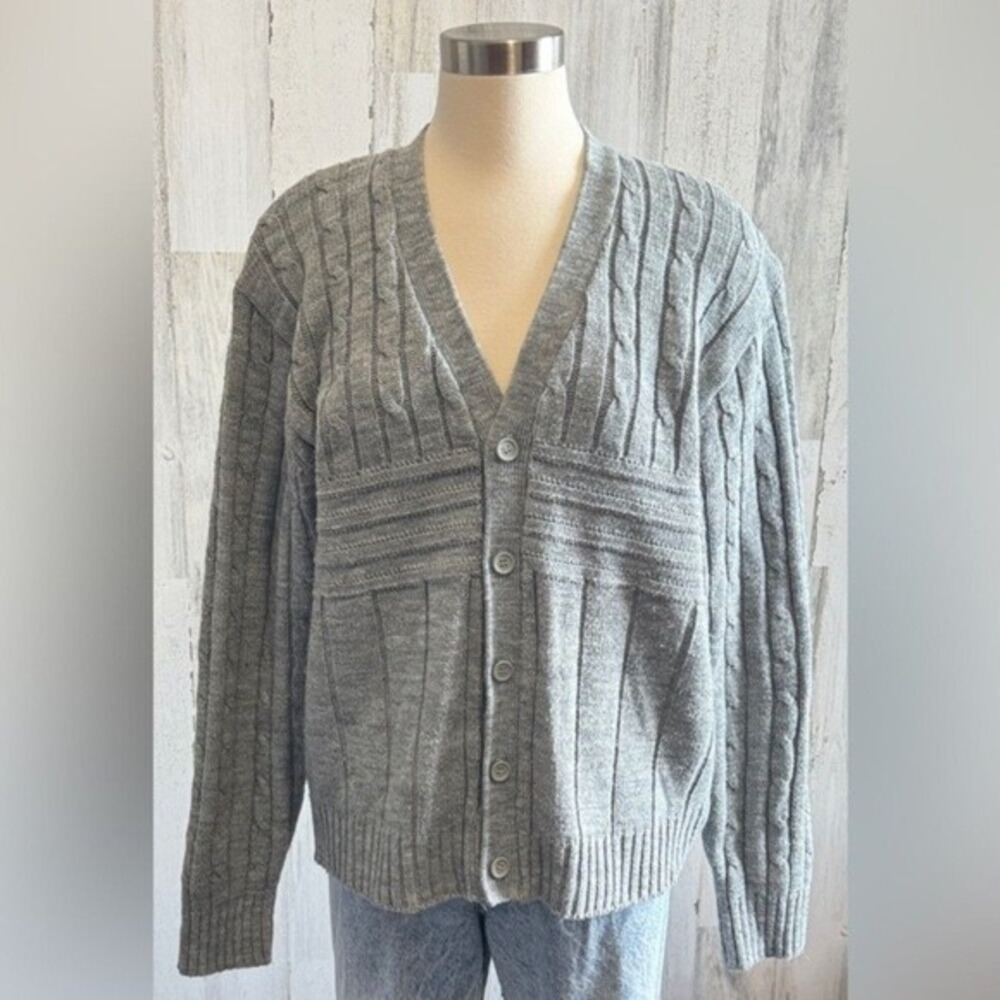 Vintage cardigan cable knit grandpa sweater grey size large‎ men women's